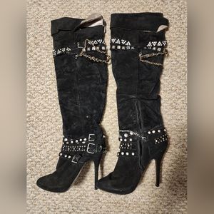 Zigi Rock & Candy Suede Stiletto Knee Boot - chains studded rhinestones - sz 10